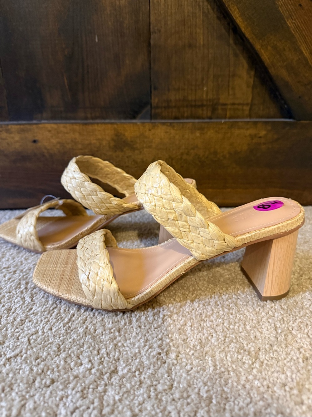 Braided Strap Block Heel Sandals - Beige